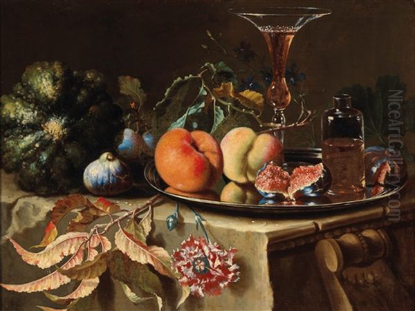 A Still Life Of Fruit And Flowers With A Glass Bottle And A Venetian Glass On A Silver Plate by Christian Berentz