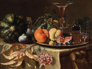 A Still Life Of Fruit And Flowers With A Glass Bottle And A Venetian Glass On A Silver Plate by Christian Berentz