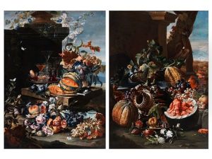 Stilleben Mit Blumen, Fruchten, Glasern Und Prunkgefass (pair)