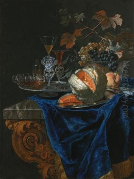 Still Life With A Melon And A Peach On A Silver Platter, Together With A Glass Bowl Of Grapes And A Tray Of Glassware On A Marble Table Top - view 1