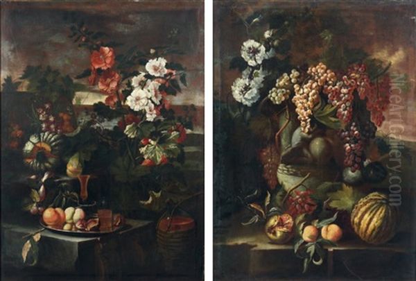 Nature Morte Aux Fruits Et Roses Tremieres Sur Un Entablement De Pierre (pair) - view 1