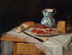 Ein Tisch Mit Weiser, Fransenbesetzter Decke, Darauf Eine Platte Mit Wurst Und Speck, Brot, Kase, Ein Weinkrug Und Ein Messer by Christian Berentz
