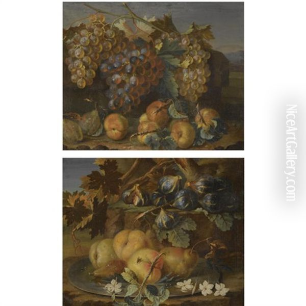 A Still Life Of Grapes On The Vine, Plums And Peaches In A Landscape (+ A Still Life Of Peaches And Pears On A Silver Tazza, Together With Figs; Pair) - view 1