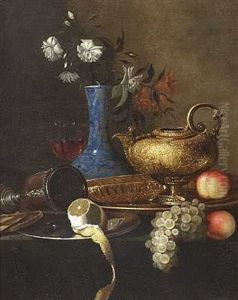 Stilleben Med Druer, Citron, Fersken, Messingfad Og Kande Pa Et Bord by Christian Berentz