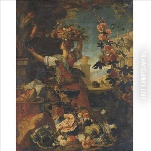 Still Life Of Fruit And Flowers With A Young Woman Carrying A Tray Of Fruit On Her Head, A Landscape Beyond by Christian Berentz