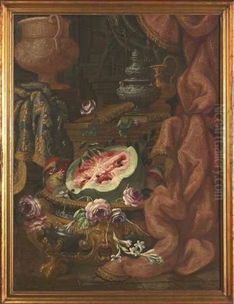 Prunkstilleben Mit Grosem Weinkuhler, Kannen, Fruchten Und Buchern - view 1