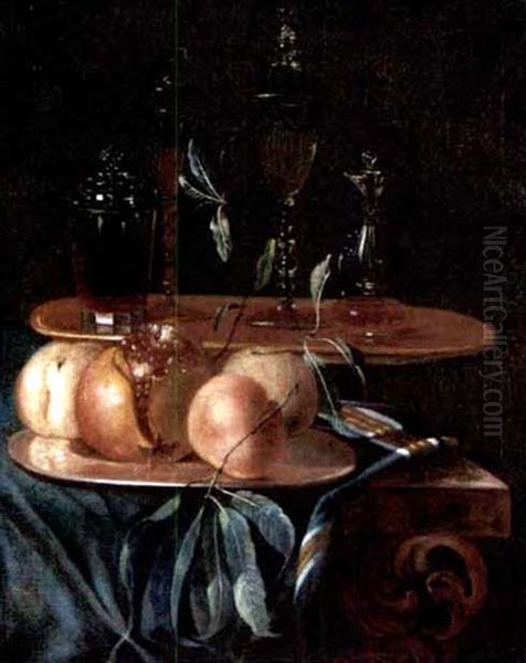 A Still Life Of Peaches, A Pomegranate On A Pewter Plate, Together With Various Glasses On A Table Draped With A Blue Velvet Cloth - view 1