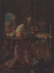 Oranges, Limes And A Lemon On A Dish, Bread Rolls And Glasses, On A Partly Draped Table With An Ewer And Platter