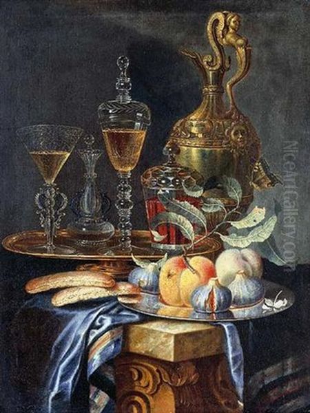 Peaches And Figs On A Pewter Platter, A Facon De Venise Fluted Wine Glass And Vessel With A Bohemian Covered Goblet And Beaker On A Gilt Platter - view 1