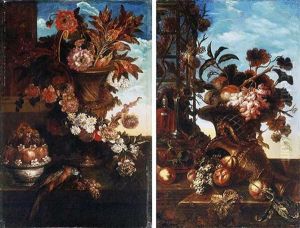 Peonies And Foliage In An Urn Surrounded By A Floral Garland With A Bowl Of Fruit And A Parrot On A Ledge