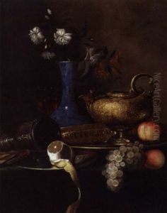 Stilleben Med Druer, Citron, Fersken, Messingfad Og -kande Pa Et Bord