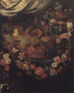 Cesto Di Vimini Entro Un Cache-pot Con Uve, Melone E Pere E Un Vaso Con Fiori Su Un Piano Di Pietra Decorato Con Ghirlanda Di Fiori by Christian Berentz
