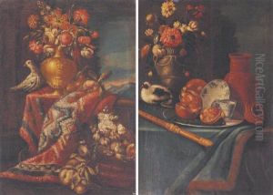 A Vase Of Flowers With A Pigeon On A Draped Ledge, A Basket Of Fruit Below by Christian Berentz