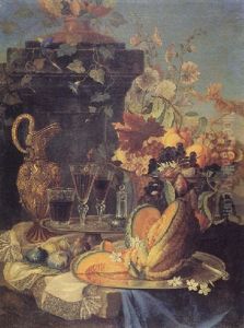 Still Life With Fruit In A Glass Bowl, A Cut Melon And Goblets On Pewter Plates, A Gilt Flagon And Other Objects, All On A Draped Stone Ledge by Christian Berentz