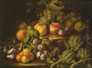 A Still Life Of Artichokes, Pears, Plums, Grapes, Peaches And Apricots On Stone Steps