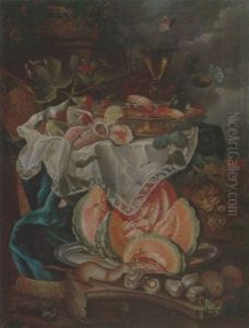 Still Life Of Grapes, Sweet Breads And A Glass Of Wine, Set Upon A Draped Table, Together With Other Fruit On A Pewter Salver by Christian Berentz