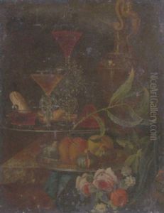 Still Life Of Wine-glasses, A Decanter And Fruit And Together With A Gilt Ewer And Flowers, All Upon A Marble Ledge