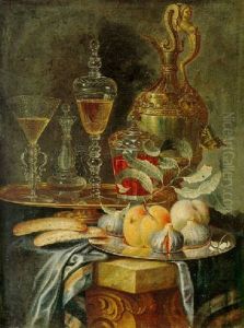 Still Life Of Peaches And Figs On A Pewter Platter, A Gilt Flagon And Other Objects All Resting On A Draped Stone Ledge by Christian Berentz