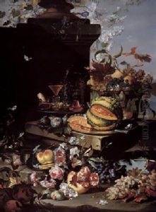 Still Life Of Flowers, Fruit And Goblets On A Pewter Plate, All On A Stone Ledge Beside A Column by Christian Berentz