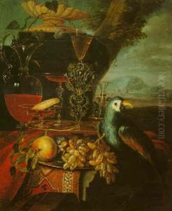 A Still Life With Glasses, A Parrot, Grapes And A Peach On A Pewter Plate On A Draped Table In A Landscape by Christian Berentz