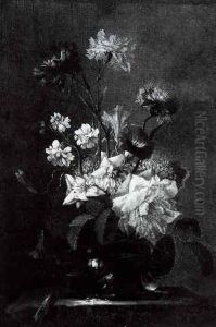 Still Life Of Carnations, Morning Glories, A Rose And Other Flowers In A Glass Vase