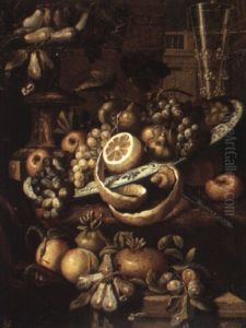 Still Life Of Fruit In A Porcelain Bowl With A Roemer And Fruit Stand by Christian Berentz