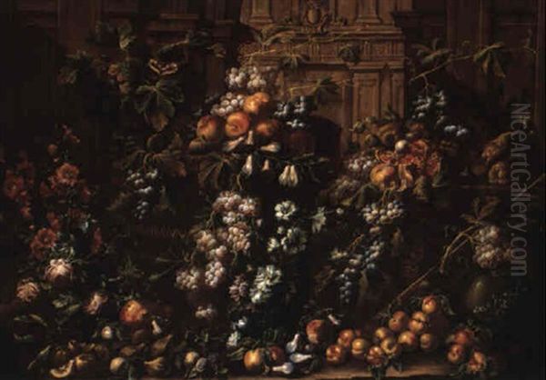 Still Life Of Fruits And Flowers In Wicker Baskets Among Architecture - view 1