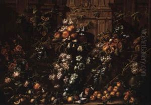Still Life Of Fruits And Flowers In Wicker Baskets Among Architecture by Christian Berentz