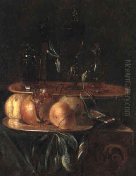 Still Life With Wine Glasses And Flagons And Fruit On A Table - view 1