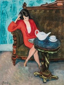 Lady Wearing A Red Dress In A Green Room (breakfast) Lady Wearing A Red Dress In A Green Room (breakfast)
