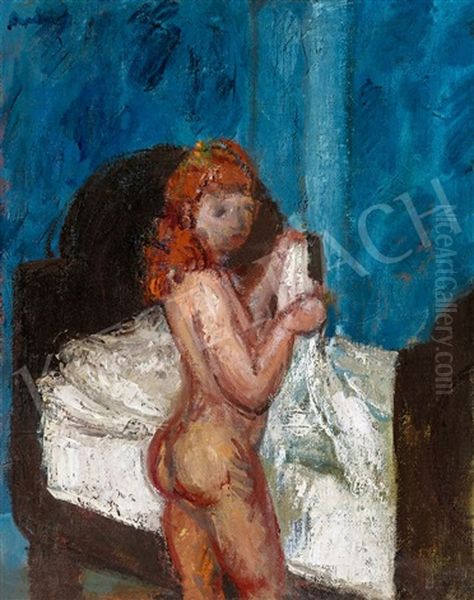 Model With Red Hair In A Blue Room - view 1