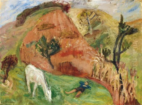 Boy Resting And Awhite Horse - view 1