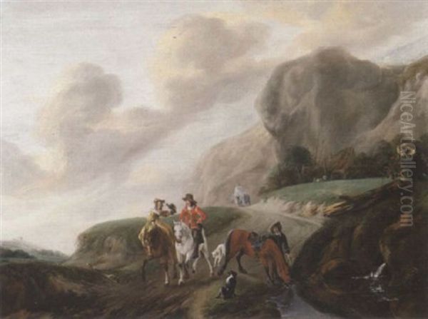 A Hawking Party Beside A Stream On A Mountain Path - view 1