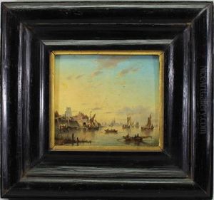 A Busy Dutch Harbor Scene by Petrus Augustus Beretta