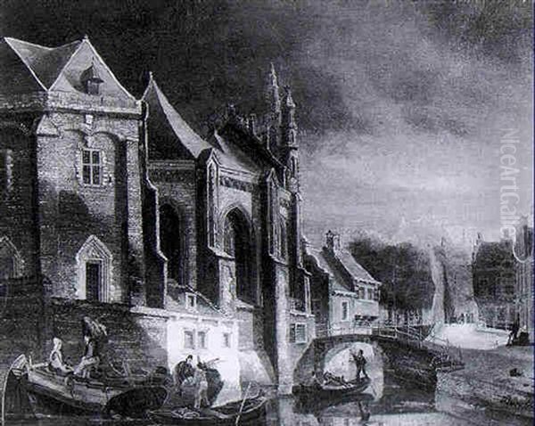 Figures Loading A Boat Near A Town - view 1