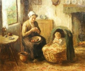 Interior With Mother And Child by Andries van den Berg