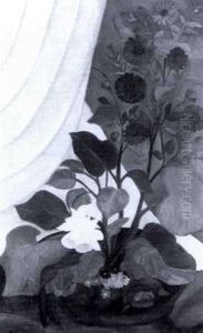 Blomsterstilleben Mot Gul Och Gron Grund by Anna Berg