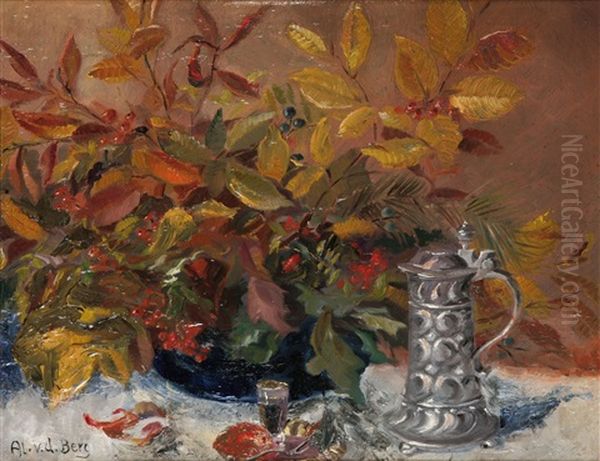 Herbstliches Stillleben Zweige Mit Bunten Blattern Und Beeren In Einer Jardiniere, Davor Zinnkrug Mit Becher - view 1