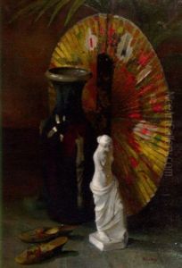 A Still Life With A Japanese Fan And A Plaster Figure by Ans Van Den Berg