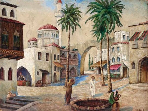 Marokkanische Stadt Mit Handwerker, Palmen Und Einer Moschee - view 1