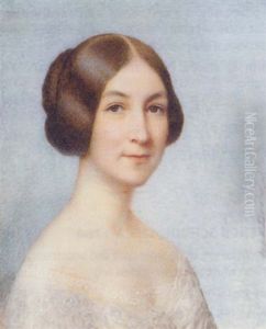 A Young Lady In A Low-cut White Lace Dress, Her Dark Hair Swept Back
