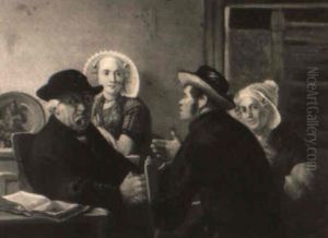 An Interior Scene With A Conversing Company