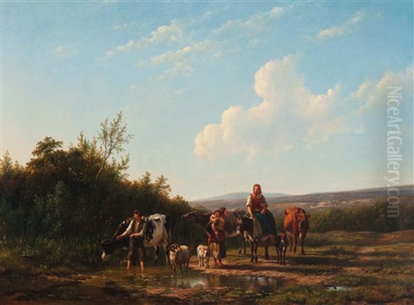 Een Kudde Vee Begeleid Door Een Herder En Eene Herderin Op Een Muilezel Gezeten, Op Den Voorgrond Van Een Fraai Zonnig Zomerlandschap - view 1