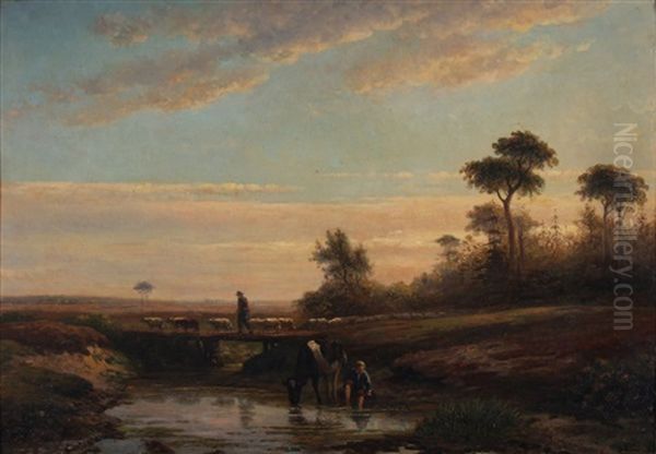 Landschap Met Een Schaapherder Met Kudde En Een Jongen Met Een Koe Aan Een Beekje - view 1