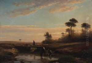 Landschap Met Een Schaapherder Met Kudde En Een Jongen Met Een Koe Aan Een Beekje by Simon Van Den Berg