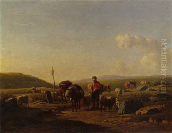 A Farmer And His Cattle In A Hilly Landscape - view 1