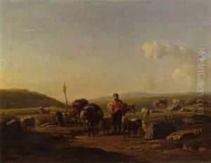 A Farmer And His Cattle In A Hilly Landscape by Simon Van Den Berg