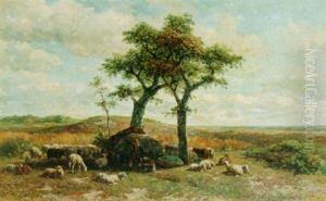 A Shepherd With His Flock In The Fields by Simon Van Den Berg