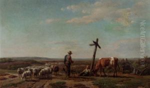 A Pastoral Scene With A Shepherdess And A Cowherd Conversing At A Crossroad