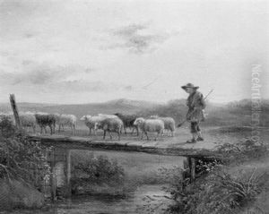 A Shepherd And Flock On A Bridge